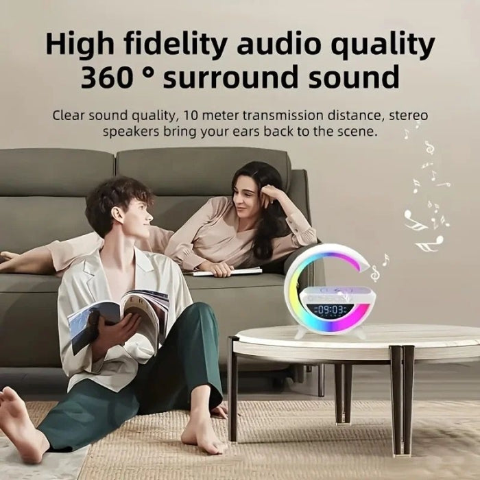 Lampe LED - Haut-Parleur Bluetooth - Chargeur Sans Fil - Radio Réveil