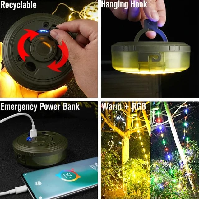 Guirlande lumineuse LED & lampe d'extérieur portable 2 en 1 avec 8 modes d'éclairage