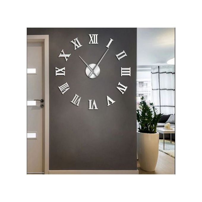 DIY CLIQCK Montre Murale Argent 3D Chiffres Romains 60 Cm