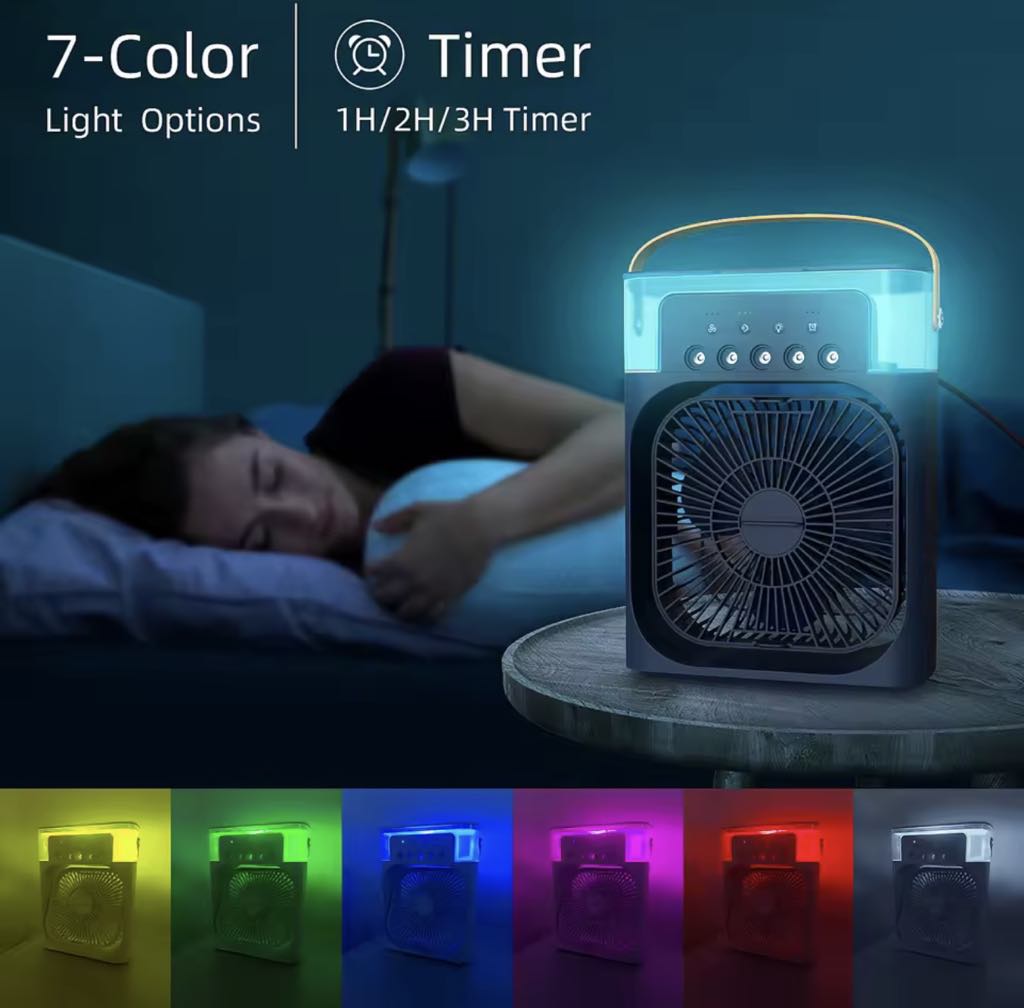 Climatiseur portable avec 3 vitesses de vent et 3 modes de pulvérisation avec veilleuse LED 7 couleurs