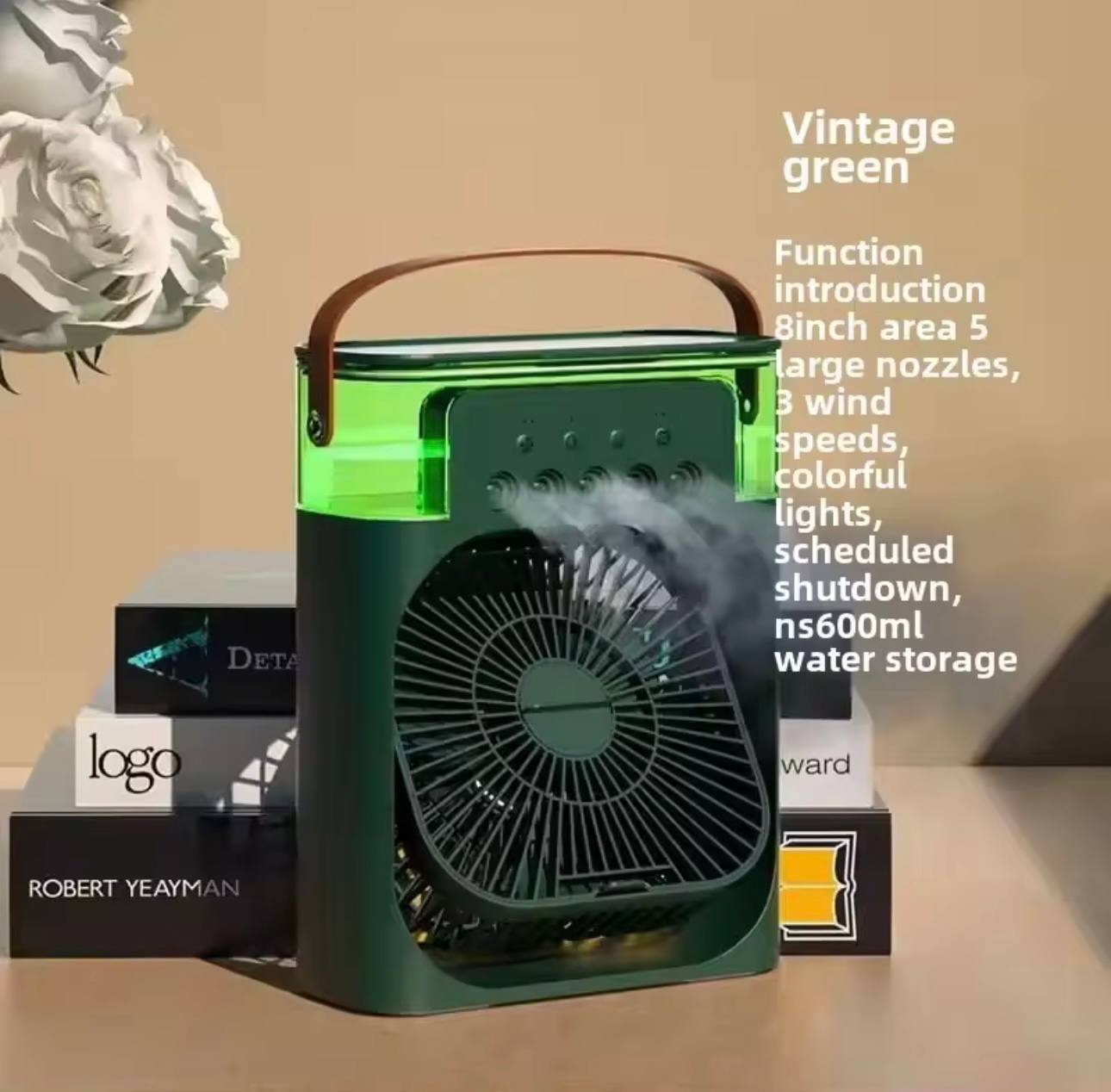 Climatiseur portable avec 3 vitesses de vent et 3 modes de pulvérisation avec veilleuse LED 7 couleurs