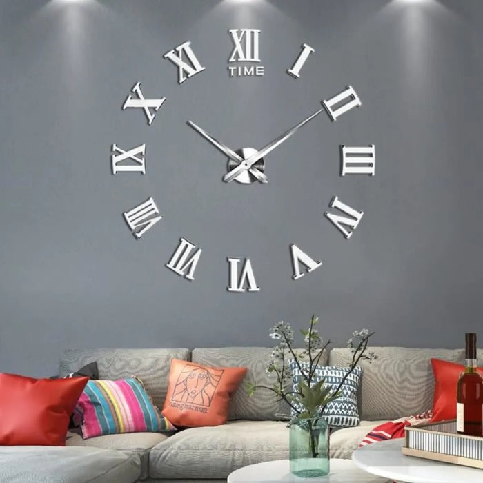 Montre Murale Argent 3D Autocollant Chiffres Romains 120 Cm