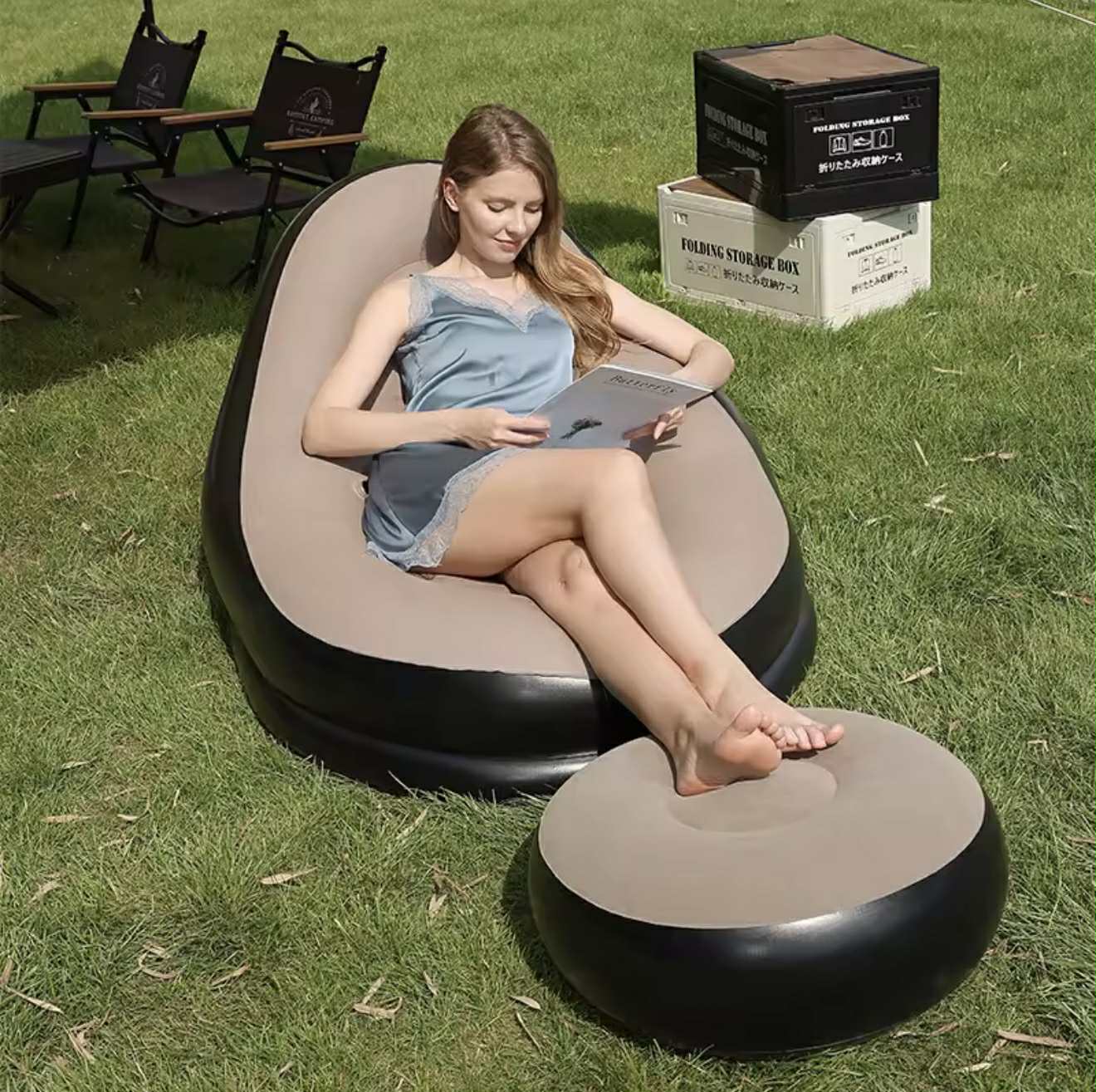 Chaise Longue Gonflable avec Pouf