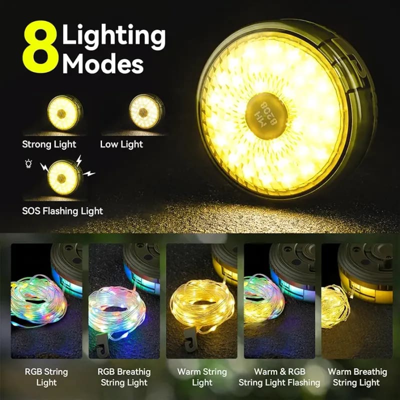 Guirlande lumineuse LED & lampe d'extérieur portable 2 en 1 avec 8 modes d'éclairage