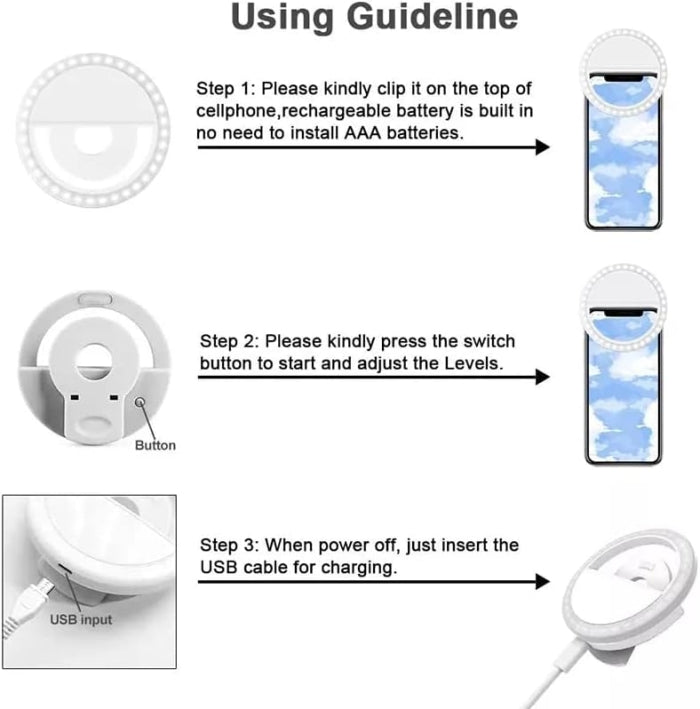 Anneau Lumineux Rechargeable pour Selfie 28 LED Avec 3 Niveaux de Luminosité Réglable