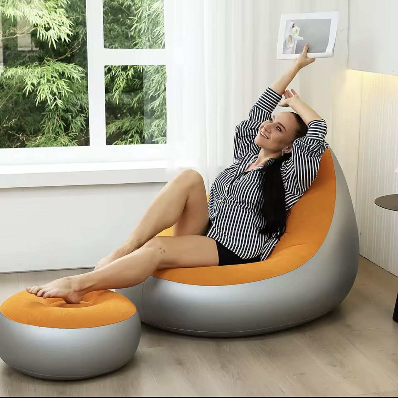 Chaise Longue Gonflable avec Pouf