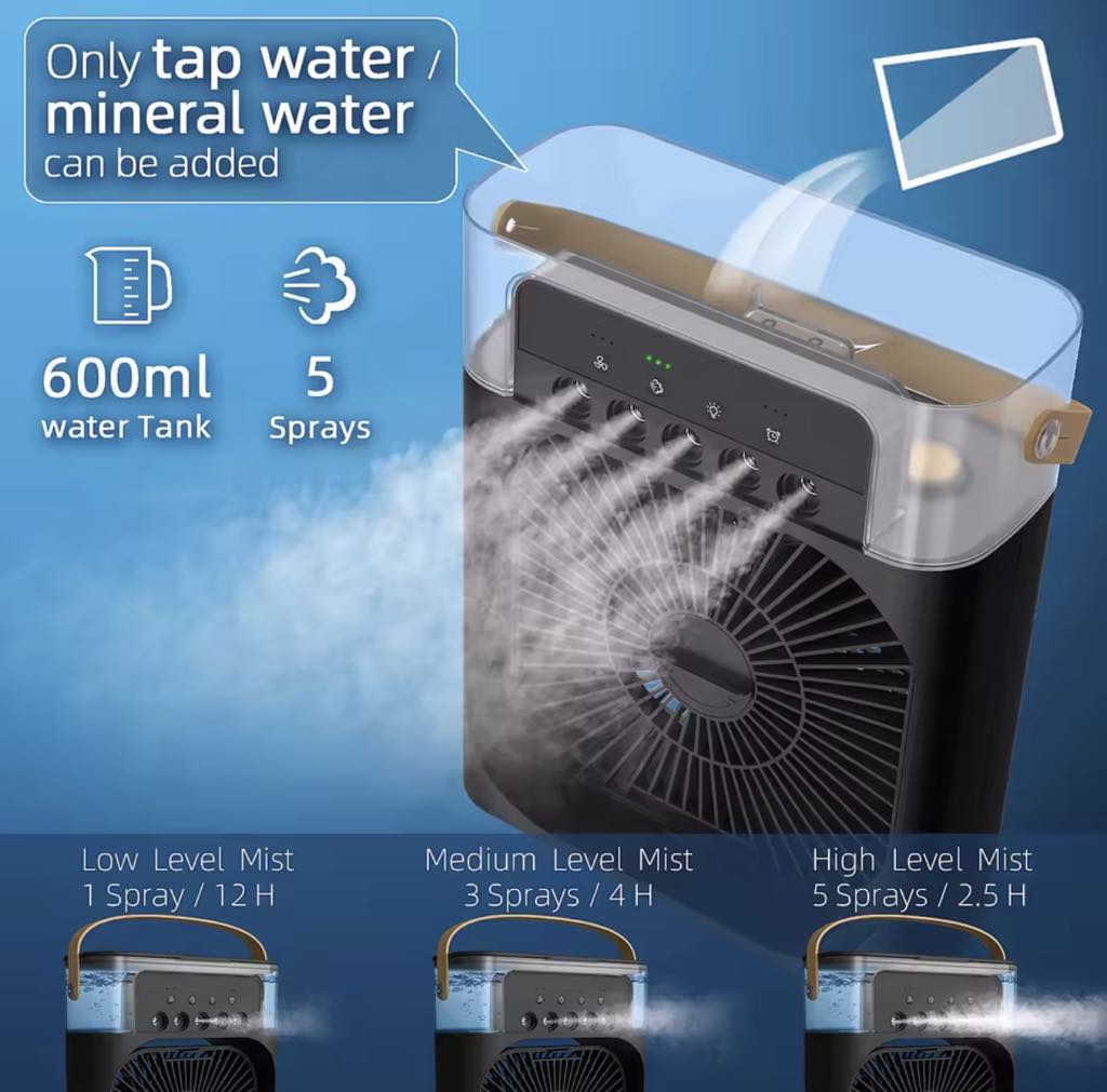 Climatiseur portable avec 3 vitesses de vent et 3 modes de pulvérisation avec veilleuse LED 7 couleurs