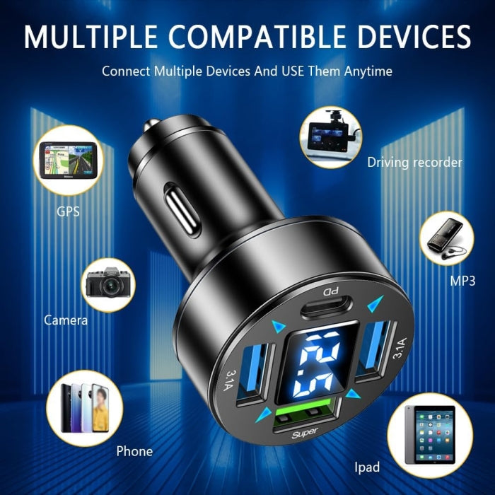 Adaptateur De Charge Multifonctionnel 3.A Pour Voiture Avec Afficheur Numérique LED