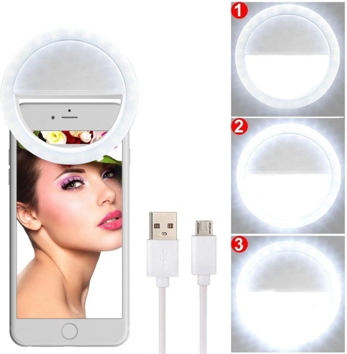 Anneau Lumineux Rechargeable pour Selfie 28 LED Avec 3 Niveaux de Luminosité Réglable