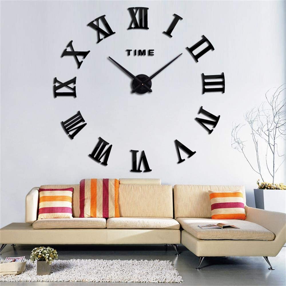 Montre murale Noir 3D autocollant Chiffres romains 90 cm