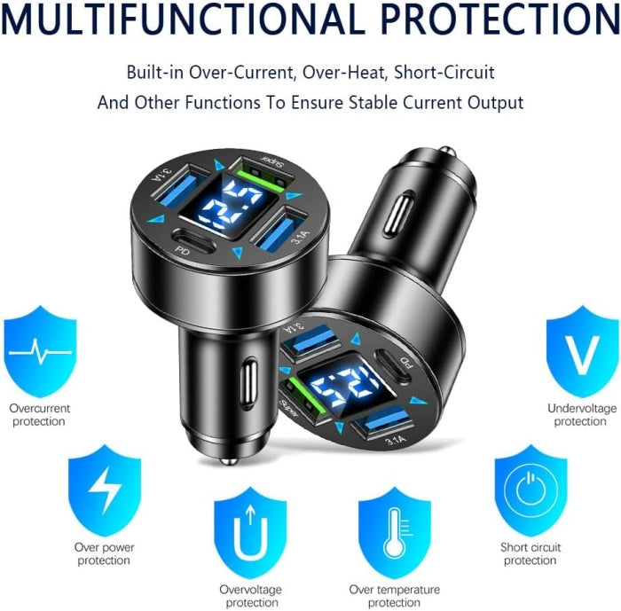 Adaptateur De Charge Multifonctionnel 3.A Pour Voiture Avec Afficheur Numérique LED