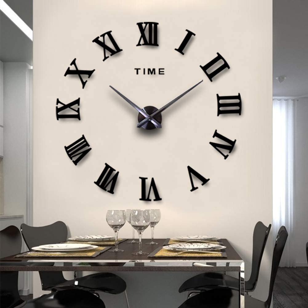 Montre murale Noir 3D autocollant Chiffres romains 90 cm