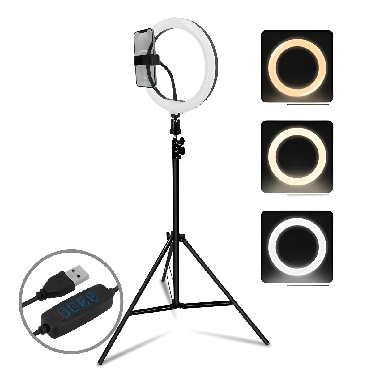 Ring Light Avec Support Téléphone De 3 Couleurs Et 10 Modes 25 Cm