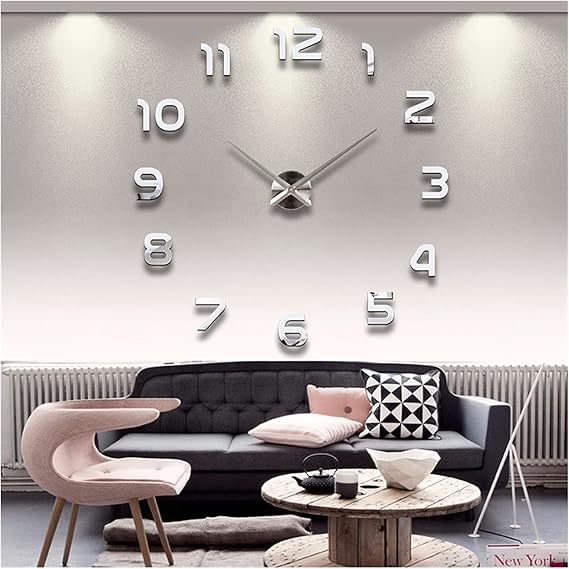 Montre Murale Argent 3D Autocollant Chiffres Normaux 60 Cm