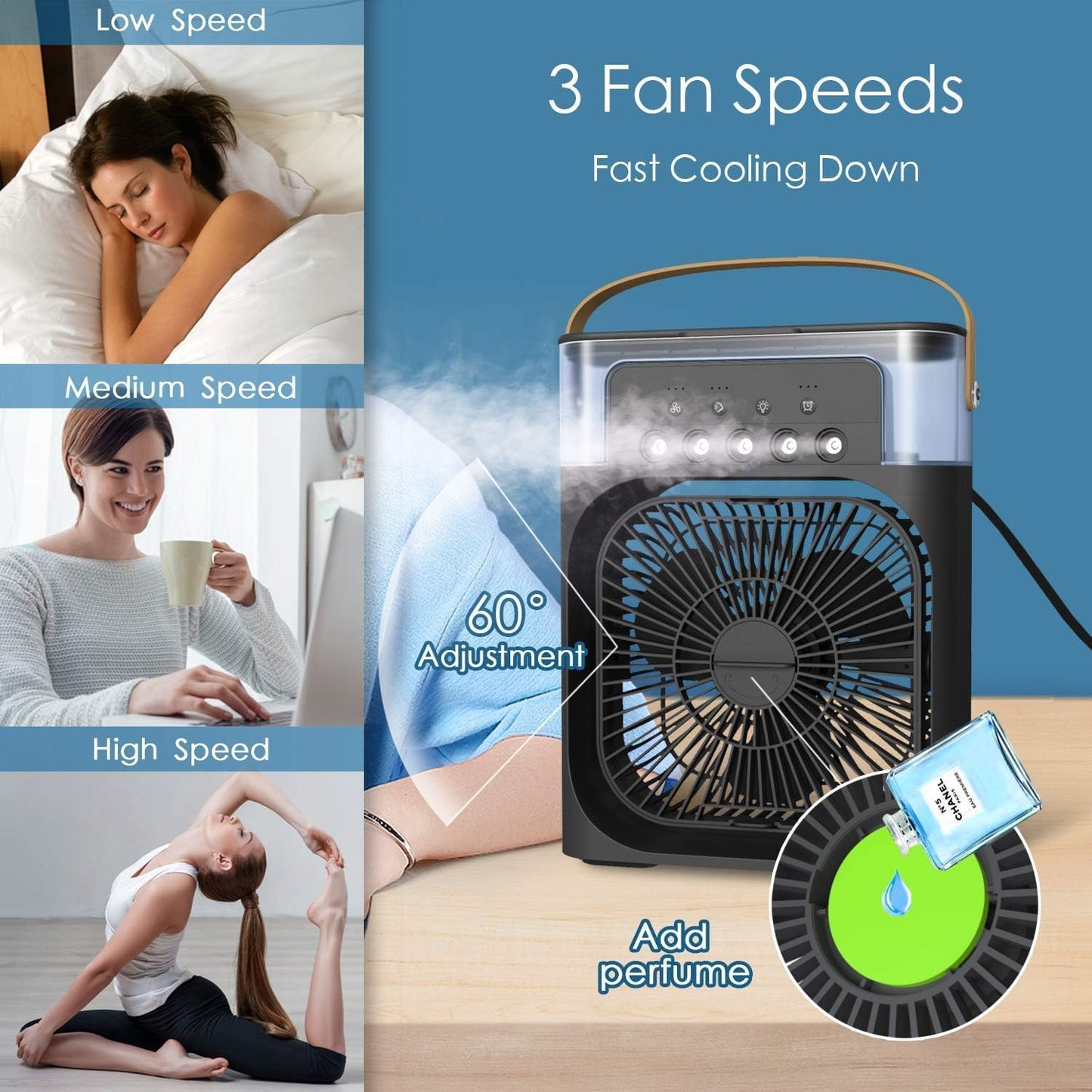Climatiseur portable avec 3 vitesses de vent et 3 modes de pulvérisation avec veilleuse LED 7 couleurs