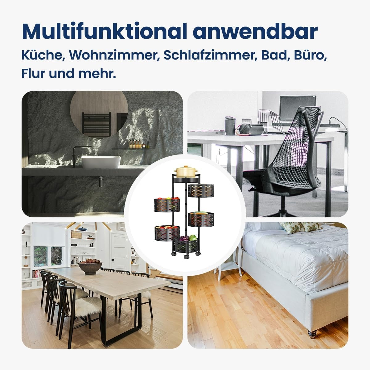 Étagère de Rangement Rotative Multifonctionnelle En Noir à 5 Niveaux Avec 4 Roues Amovibles