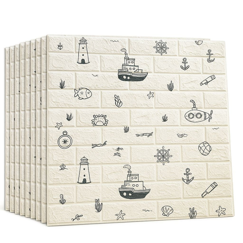 Pack De 10 Panneaux Muraux Adhésifs Anti-Humidité 3D 77*70 Cm Motif Marin