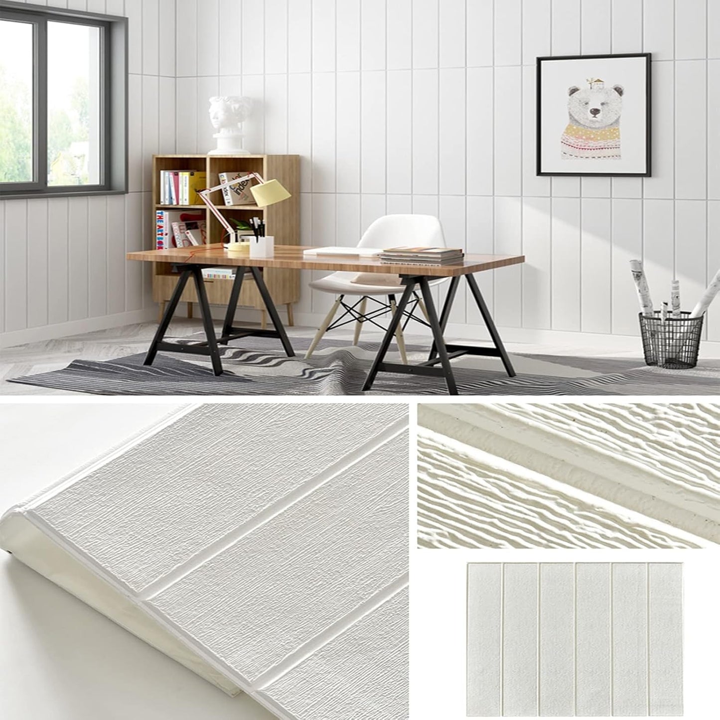 Pack de 10 Panneaux Muraux 3D Adhésifs Anti-Humidité – 77×70 cm – Blanc Motif Rainuré