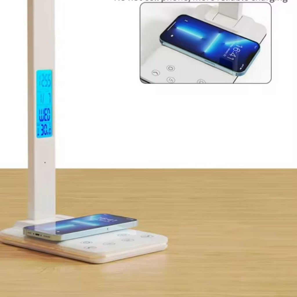 Lampe De Bureau LED 3-en-1 avec Réveil, Température et Charge Sans Fil – Éclairage Tactile Pliable et Protecteur Pour les Yeux