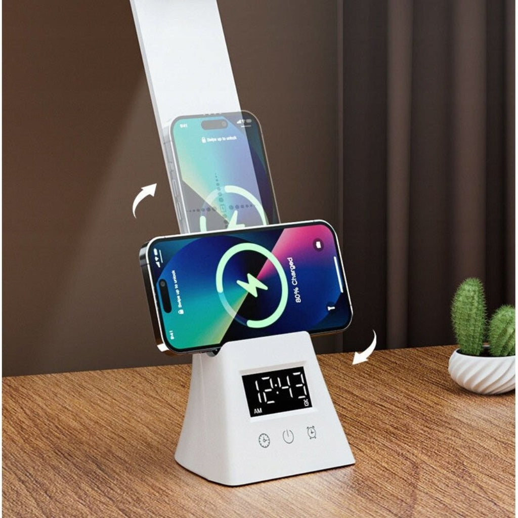 Lampe de Bureau LED Multifonction avec Chargeur Sans Fil, Réveil et Réglage Tactile — Rotation à 180°, Lumière Variable USB Blanc