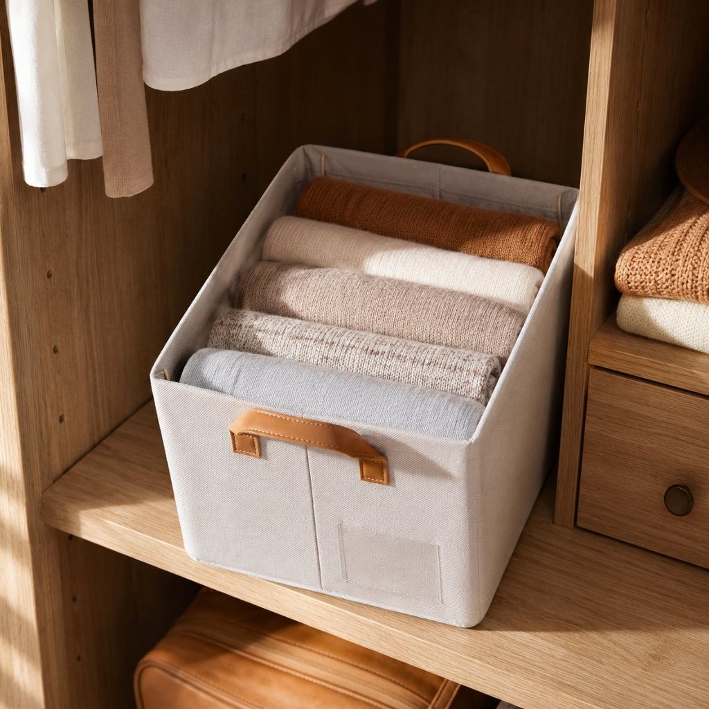 Pack de 3 Paniers de Rangement Pliables 27 L en Tissu Imperméable avec Poignées en Similicuir – 48 × 28 × 20 cm - Beige