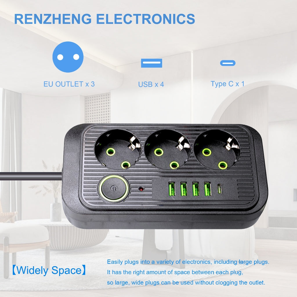 Multiprise Avec 3 Prises AC, 4 Ports USB-A & 1 Port USB-C - Noir