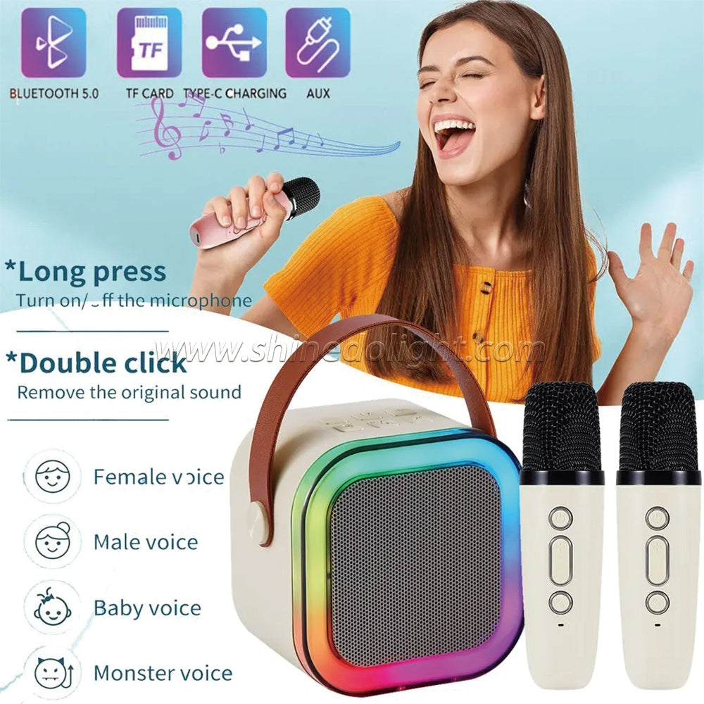 Haut-Parleur Karaoké Portable – Bluetooth, Rechargeable, Avec 2 Micros Sans Fil & Lumières LED Colorées- Beige