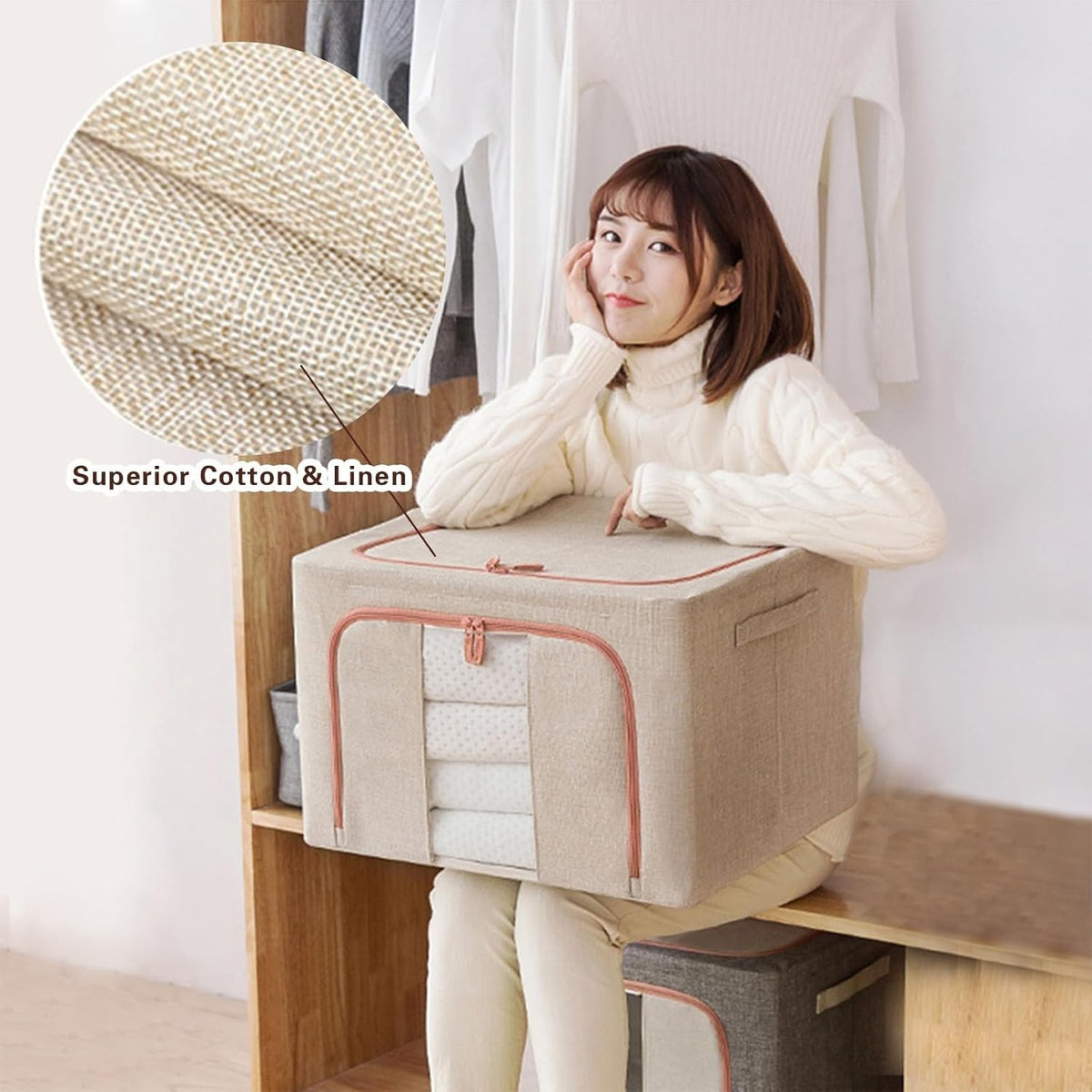 Boîte de Rangement Pliable pour Linge de Maison 100L (60 x 40 x 40 cm) Modèle 1 - Beige