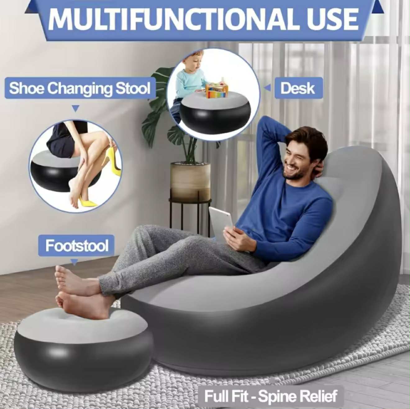 Chaise Longue Gonflable avec Pouf