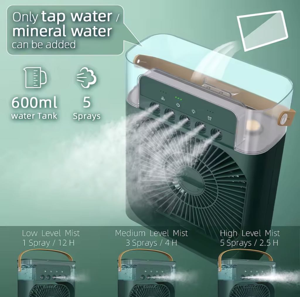Climatiseur portable avec 3 vitesses de vent et 3 modes de pulvérisation avec veilleuse LED 7 couleurs