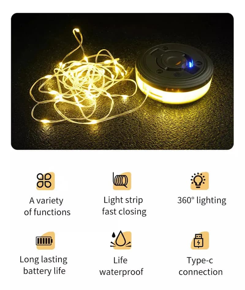 Guirlande lumineuse LED & lampe d'extérieur portable 2 en 1 avec 8 modes d'éclairage
