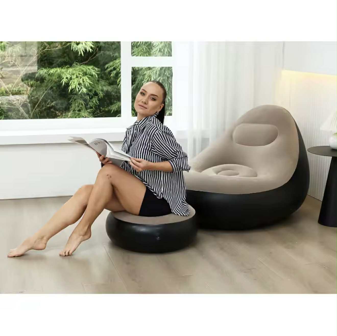Chaise Longue Gonflable avec Pouf