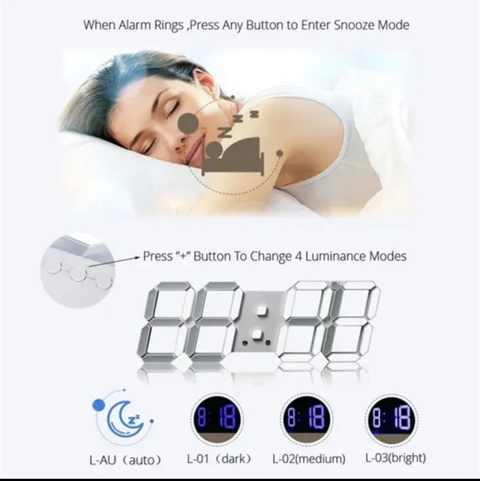 Horloge Digital Led 3D Affichage 24/12 Heures Et Alarme Snooze Et Température