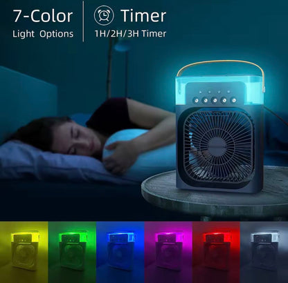 Climatiseur portable avec 3 vitesses de vent et 3 modes de pulvérisation avec veilleuse LED 7 couleurs