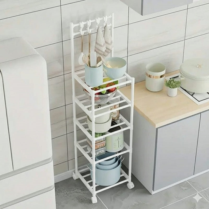 Étagère de rangement mobile à 5 niveaux avec crochets