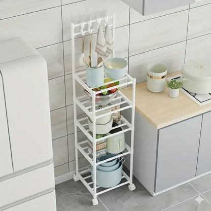 Étagère de rangement mobile à 5 niveaux avec crochets