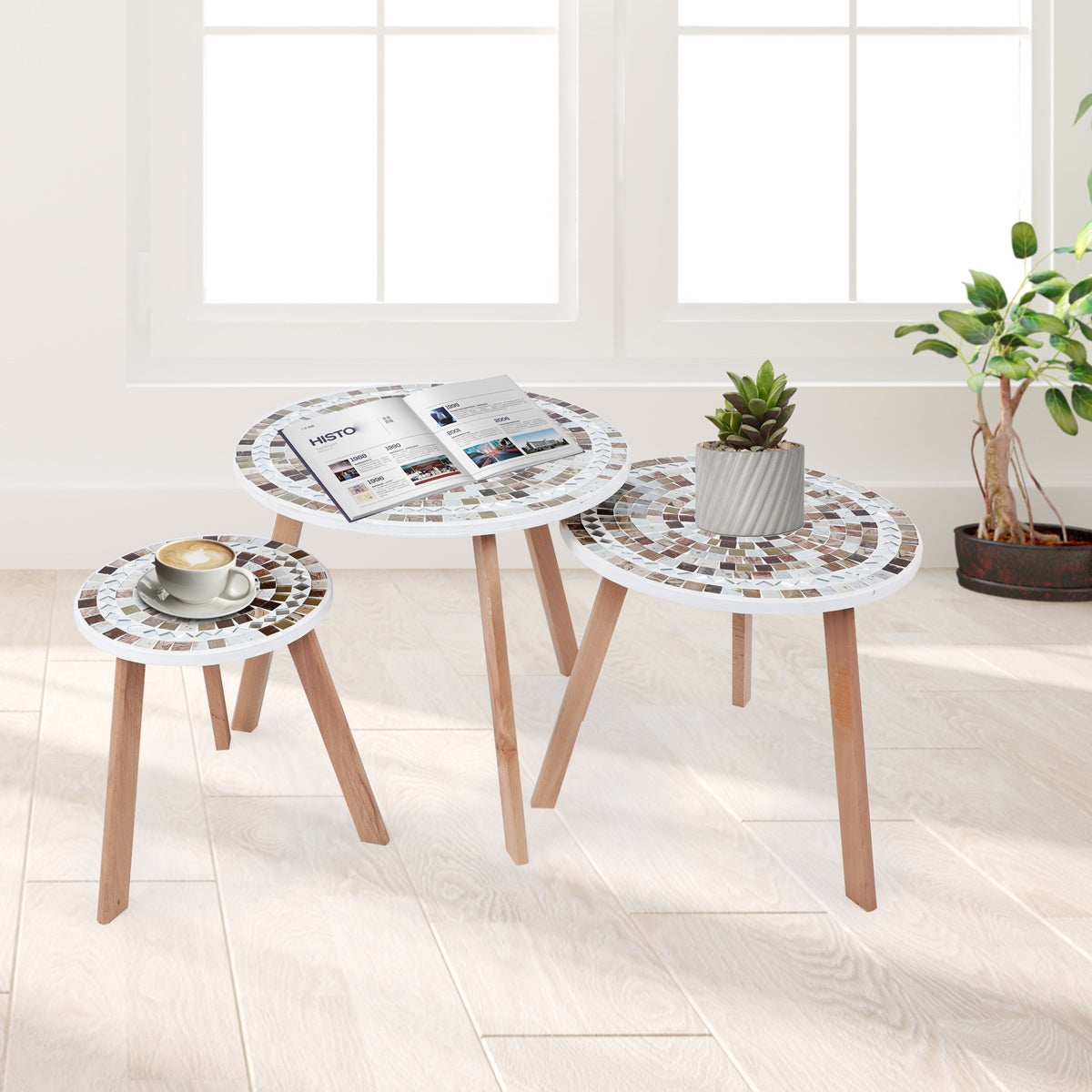 Série de 3 Tables Basses en Bois effet mosaïque Motif 4