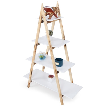 Étagère Echelle En Bois Forme Triangle 4 Planches De Rangement 118 X 33 Cm Blanc