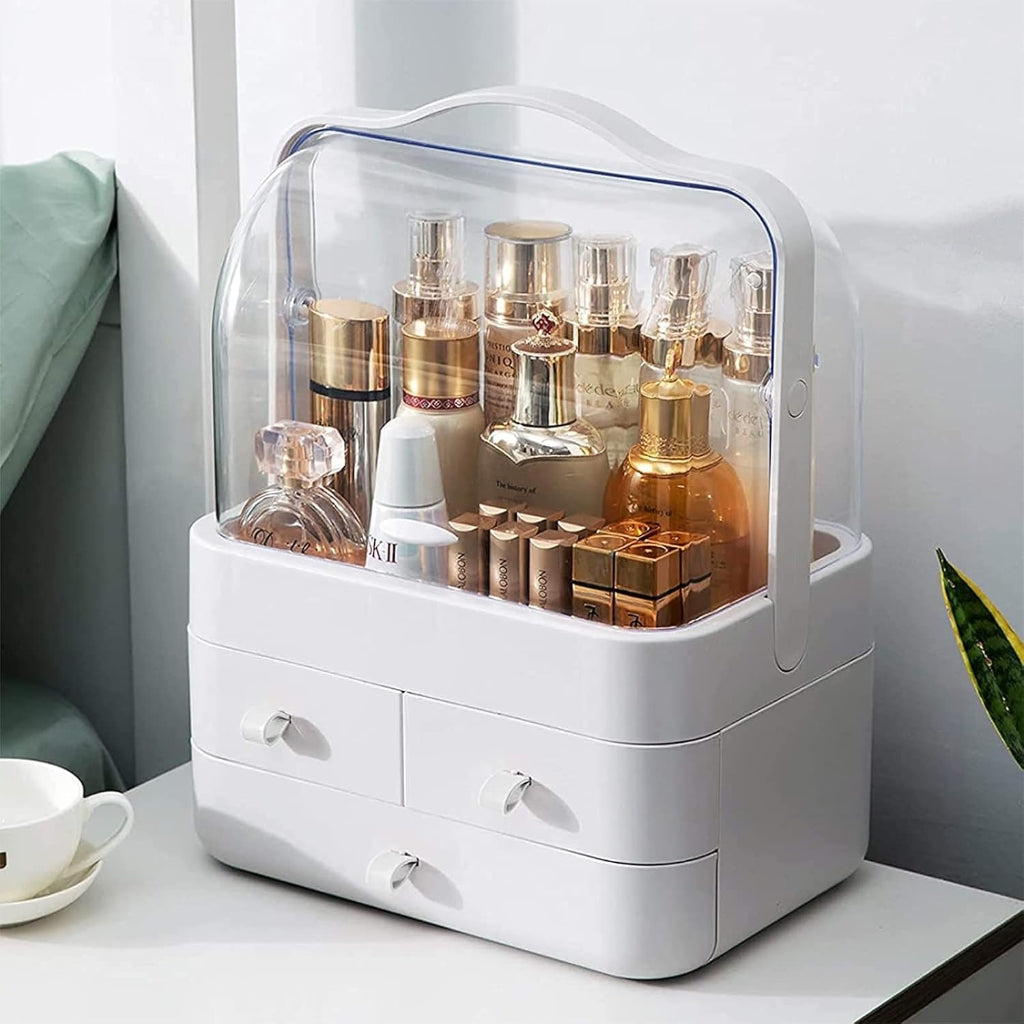 Boîte de Rangement Cosmétique avec Couvercle et 3 Tiroirs – Organisateur Maquillage et Soins - Blanc