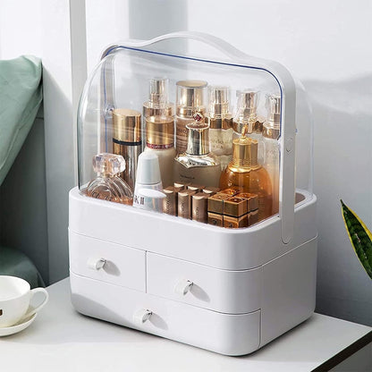 Boîte de Rangement Cosmétique avec Couvercle et 3 Tiroirs – Organisateur Maquillage et Soins - Blanc