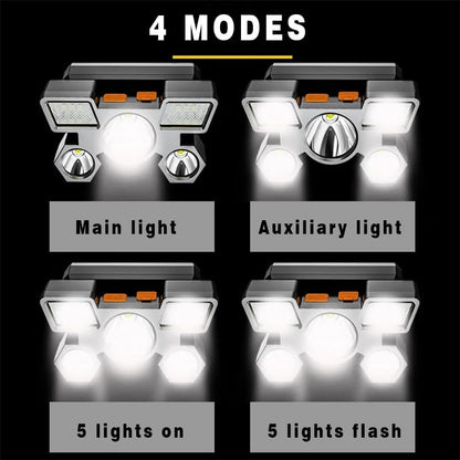Lampe Frontale LED Rechargeable 5 Têtes 5W Étanche Avec Bandeau Bleu
