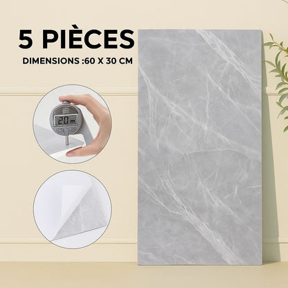 Pack de 5 Panneaux PVC Autocollant Alternative Au Marbre 60 x 30 cm - WMB-011 - Gris Clair
