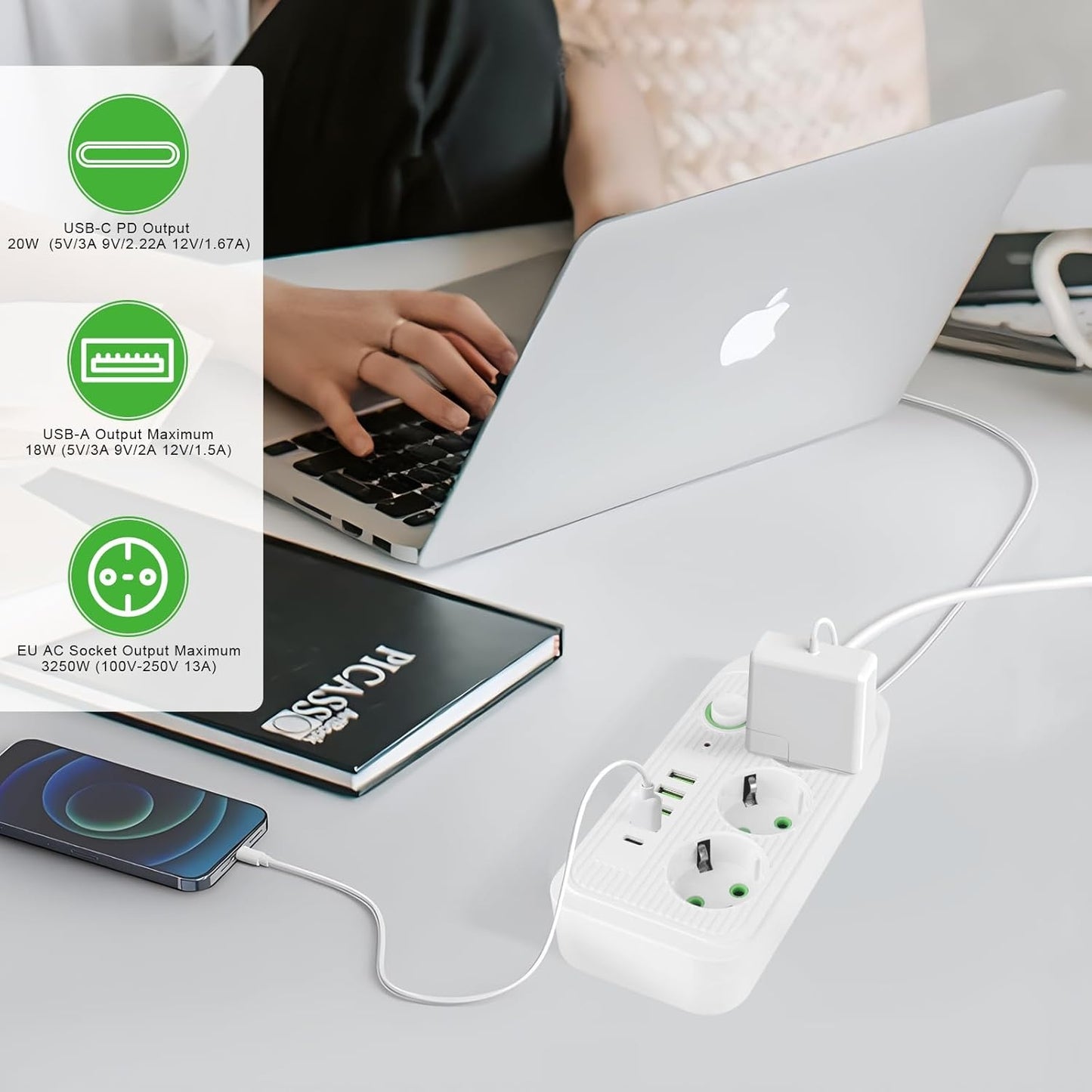 Multiprise Avec 3 Prises AC, 4 Ports USB-A & 1 Port USB-C
