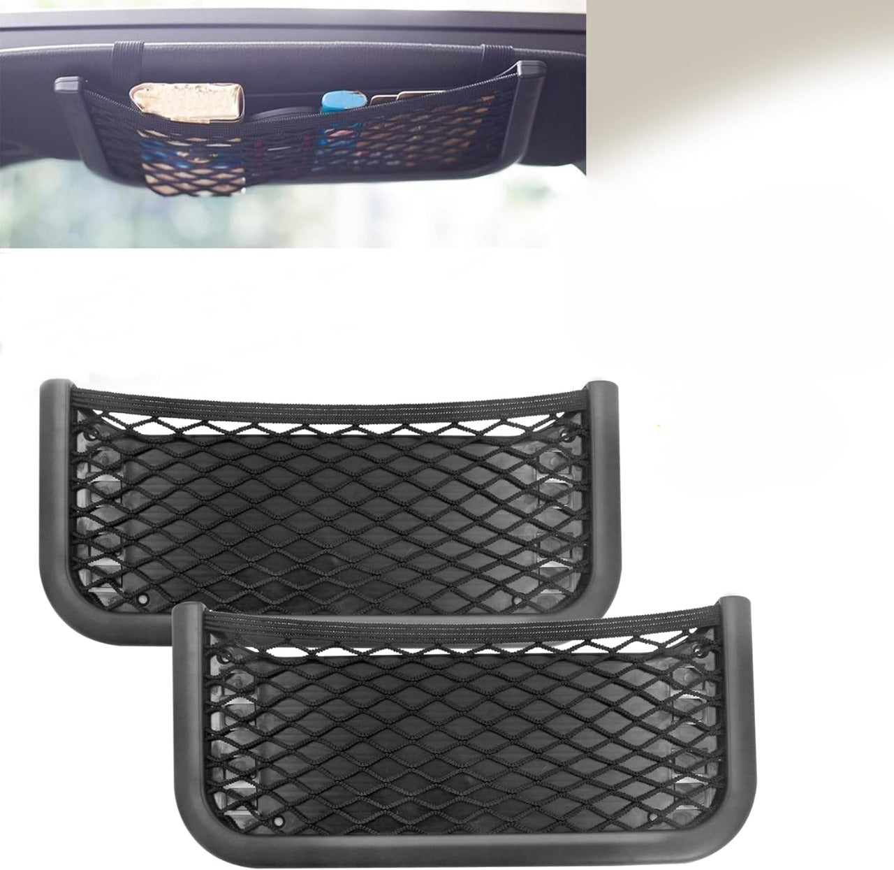 Pack de 2 Filets de Rangement Voiture Universels et Autocollants