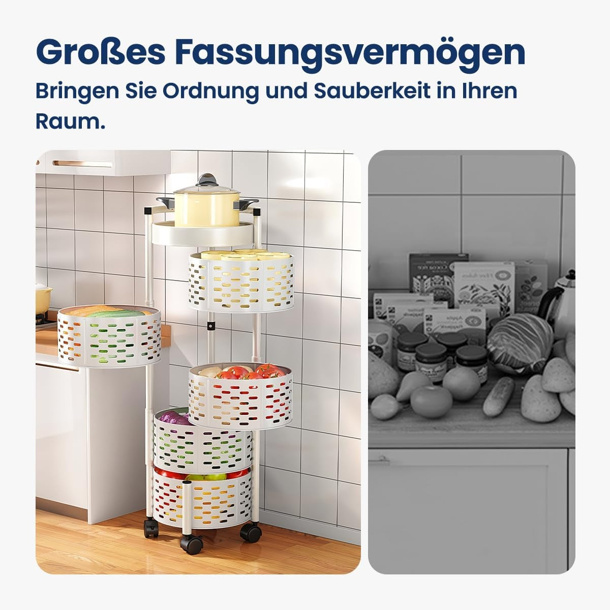 Étagère de Rangement Rotative Multifonctionnelle En Blanc à 5 Niveaux Avec 4 Roues Amovibles