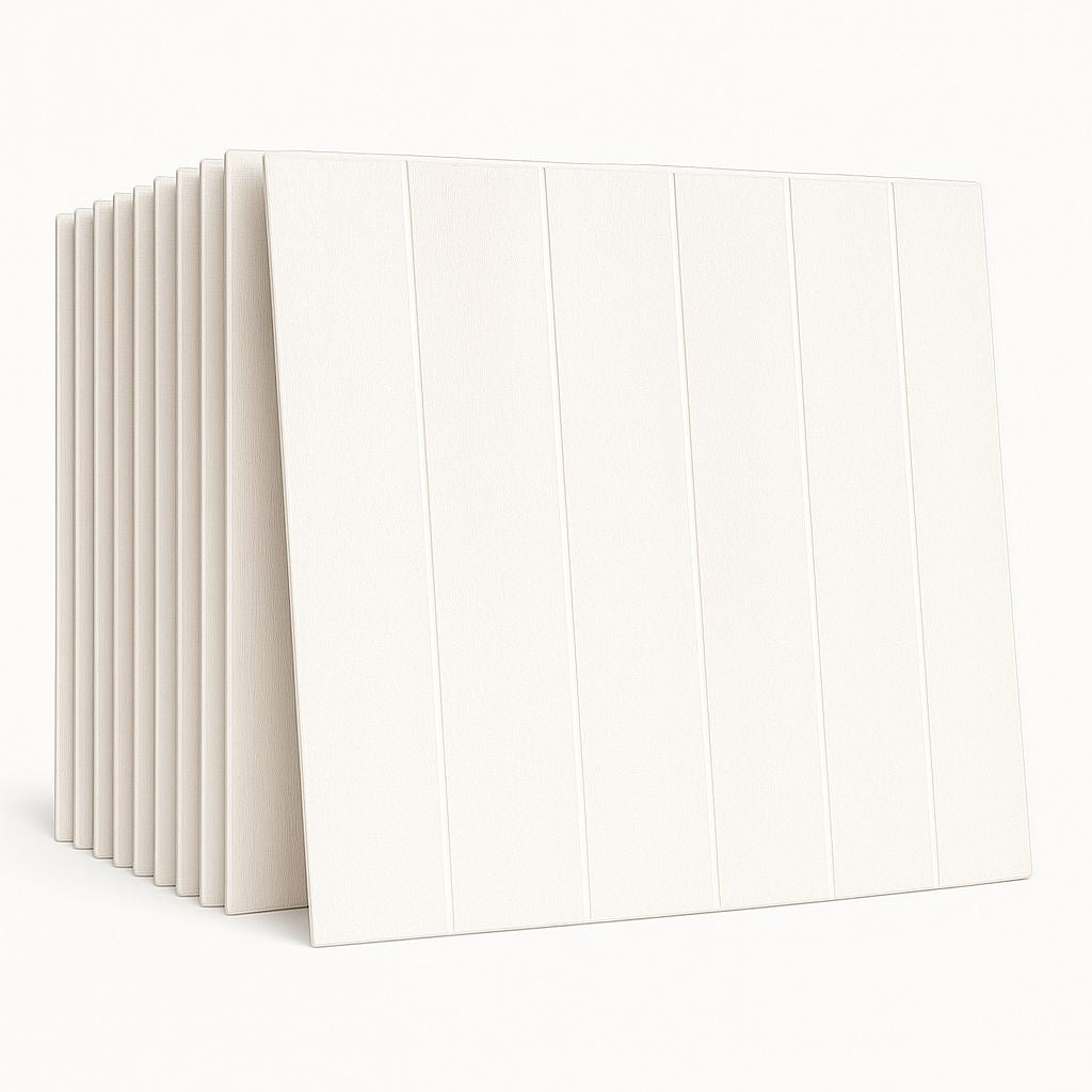 Pack de 10 Panneaux Muraux 3D Adhésifs Anti-Humidité – 77×70 cm – Blanc Motif Rainuré