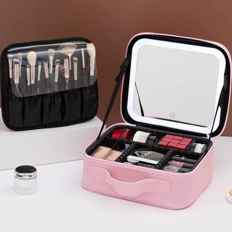 Organisateur De Maquillage Multifonctionnel Avec Miroir LED Rose