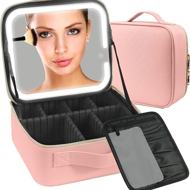 Organisateur De Maquillage Multifonctionnel Avec Miroir LED Rose