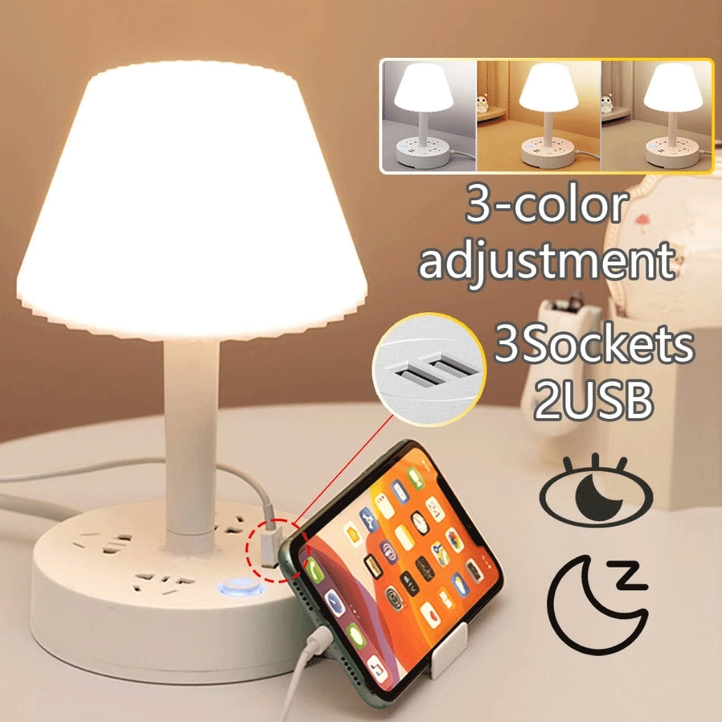 Lampe de Table Multifonction – Éclairage 3 Couleurs Ajustables, 3 Prises, 2 Ports USB et Support Téléphone – Blanc