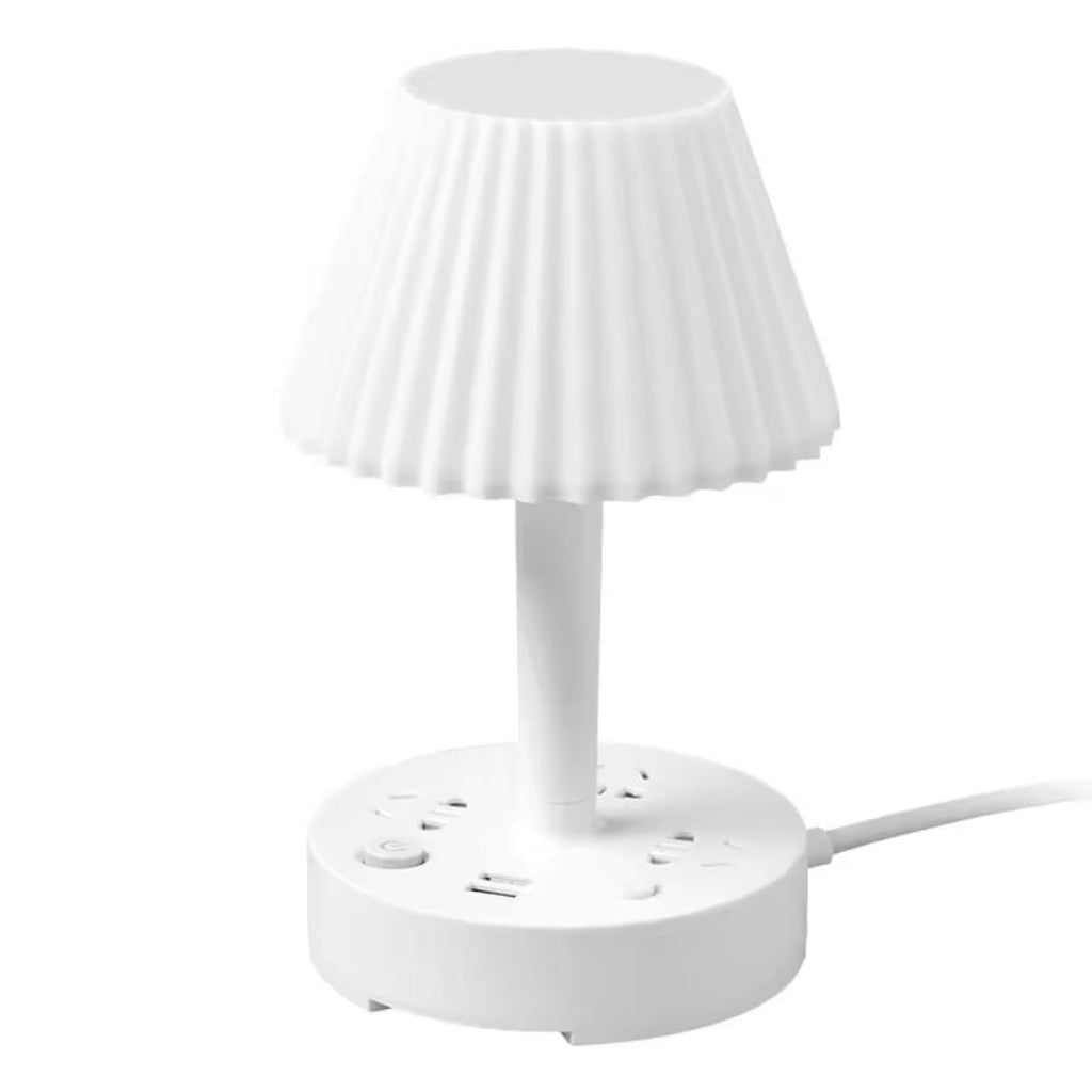 Lampe de Table Multifonction – Éclairage 3 Couleurs Ajustables, 3 Prises, 2 Ports USB et Support Téléphone – Blanc